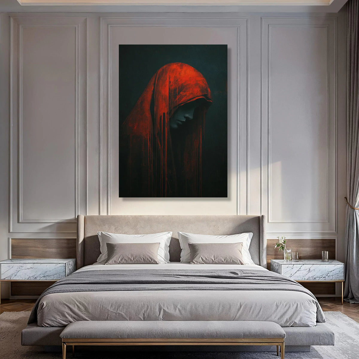 Mysterious Hooded Figure Canvas, Red Cloak Portrait Wall Art, Dark Moody Home Decoration, Gothic Theme Canvas Art, Modern Print Art