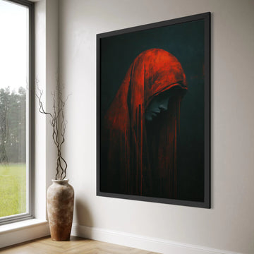 Mysterious Hooded Figure Canvas, Red Cloak Portrait Wall Art, Dark Moody Home Decoration, Gothic Theme Canvas Art, Modern Print Art