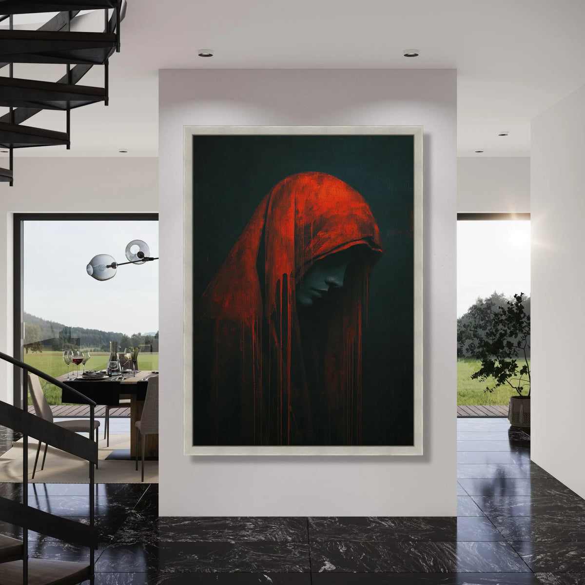 Mysterious Hooded Figure Canvas, Red Cloak Portrait Wall Art, Dark Moody Home Decoration, Gothic Theme Canvas Art, Modern Print Art