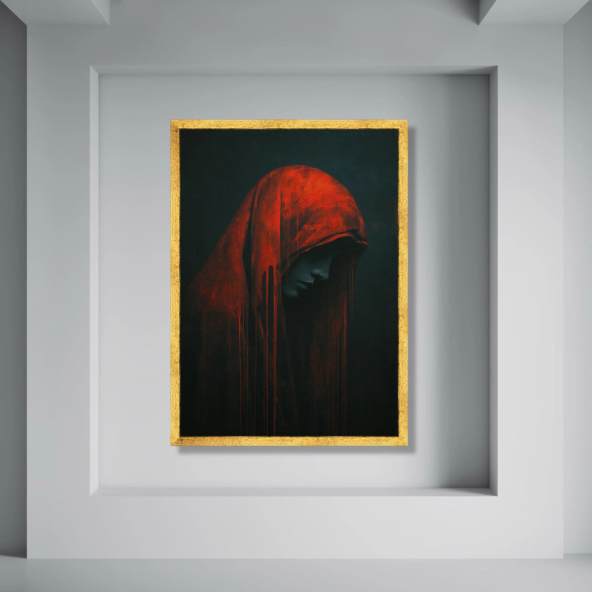 Mysterious Hooded Figure Canvas, Red Cloak Portrait Wall Art, Dark Moody Home Decoration, Gothic Theme Canvas Art, Modern Print Art
