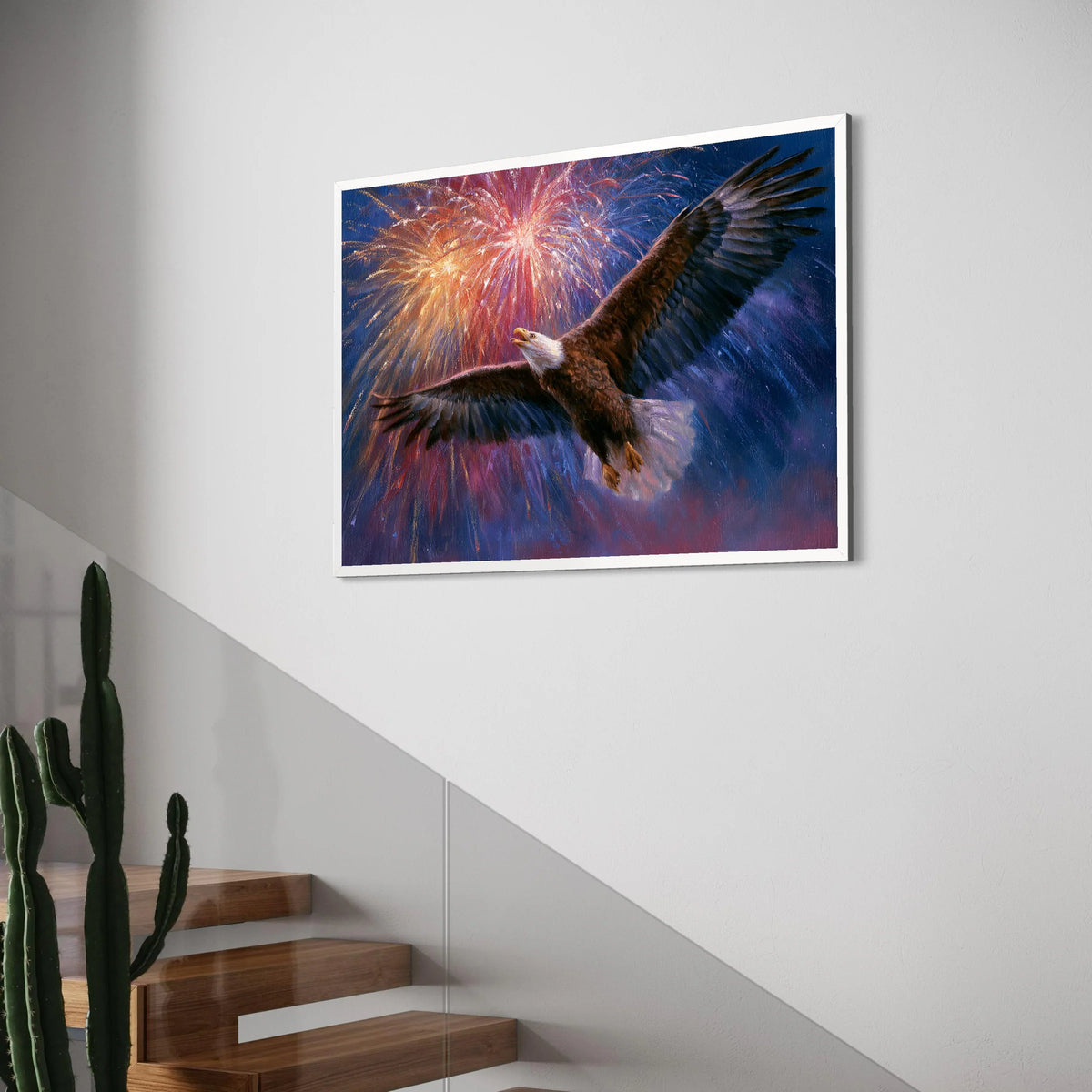 Majestic Bald Eagle Canvas Wall Art, Patriotic Fireworks Display, Bird Flight Canvas, Americana Home Decoration, Ready to Hang Print Art