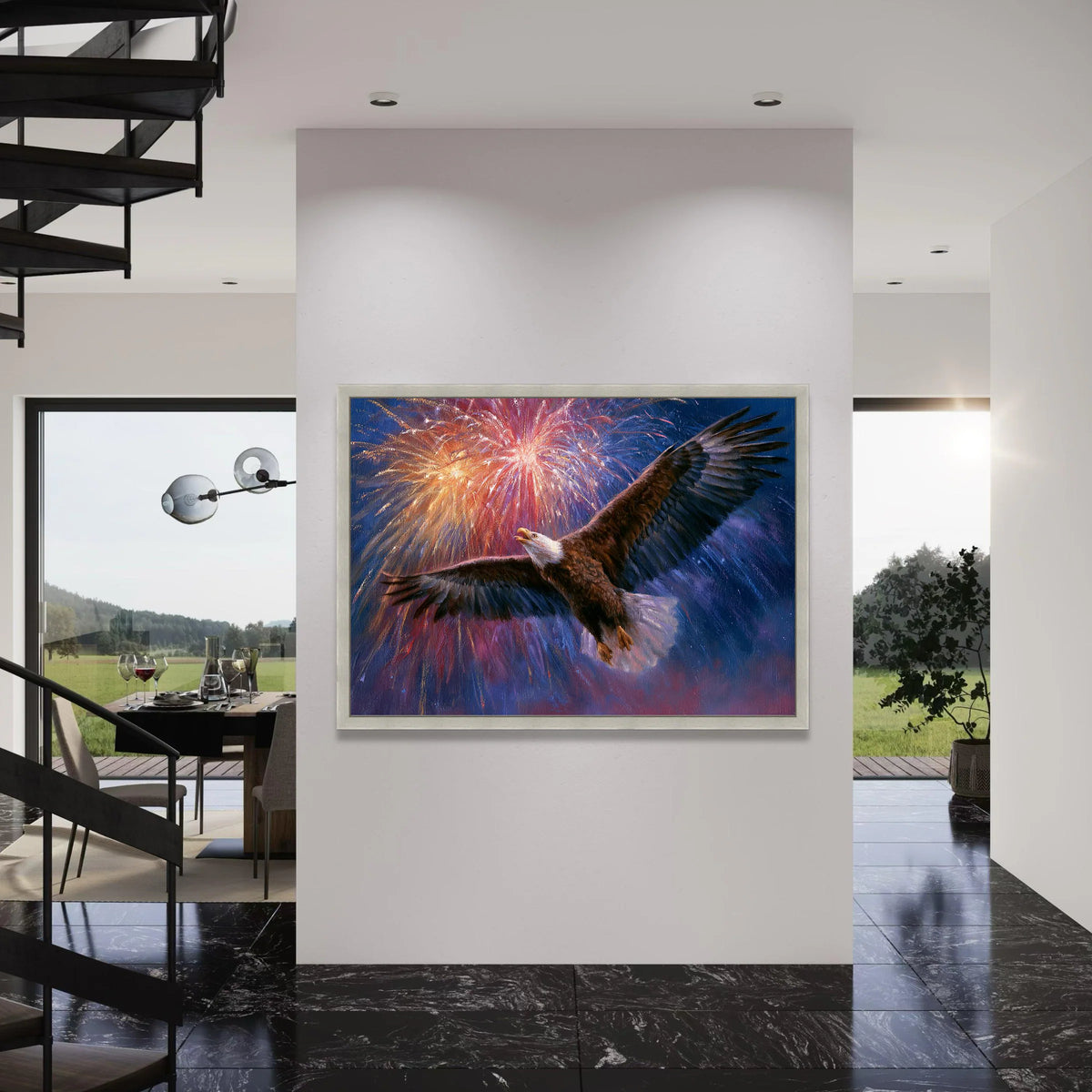Majestic Bald Eagle Canvas Wall Art, Patriotic Fireworks Display, Bird Flight Canvas, Americana Home Decoration, Ready to Hang Print Art