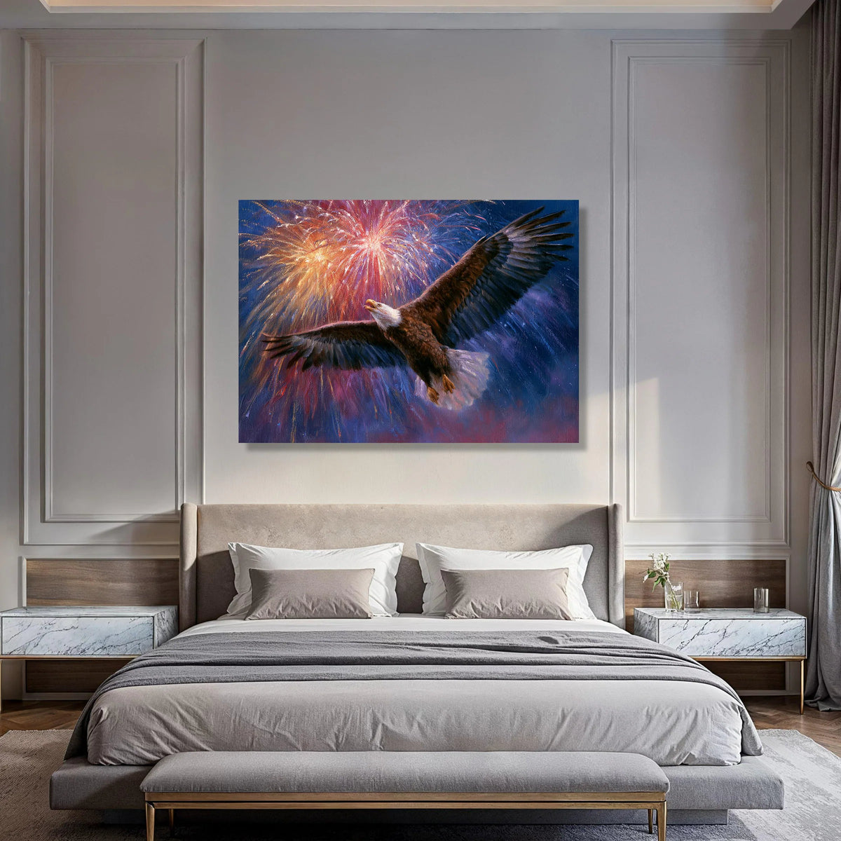 Majestic Bald Eagle Canvas Wall Art, Patriotic Fireworks Display, Bird Flight Canvas, Americana Home Decoration, Ready to Hang Print Art