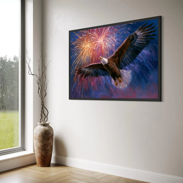 Majestic Bald Eagle Canvas Wall Art, Patriotic Fireworks Display, Bird Flight Canvas, Americana Home Decoration, Ready to Hang Print Art