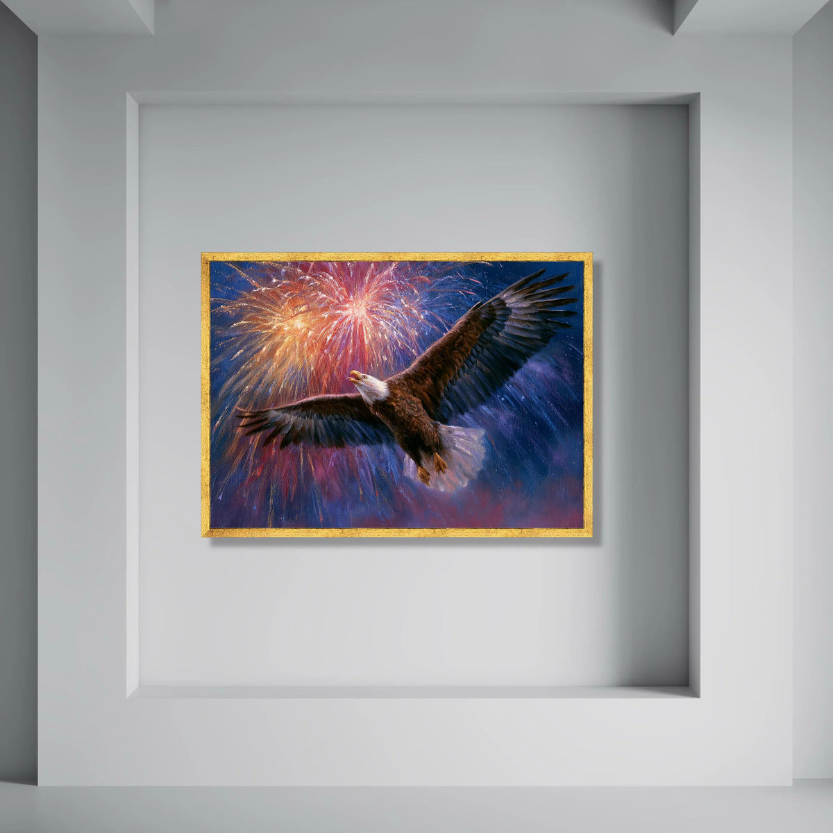 Majestic Bald Eagle Canvas Wall Art, Patriotic Fireworks Display, Bird Flight Canvas, Americana Home Decoration, Ready to Hang Print Art