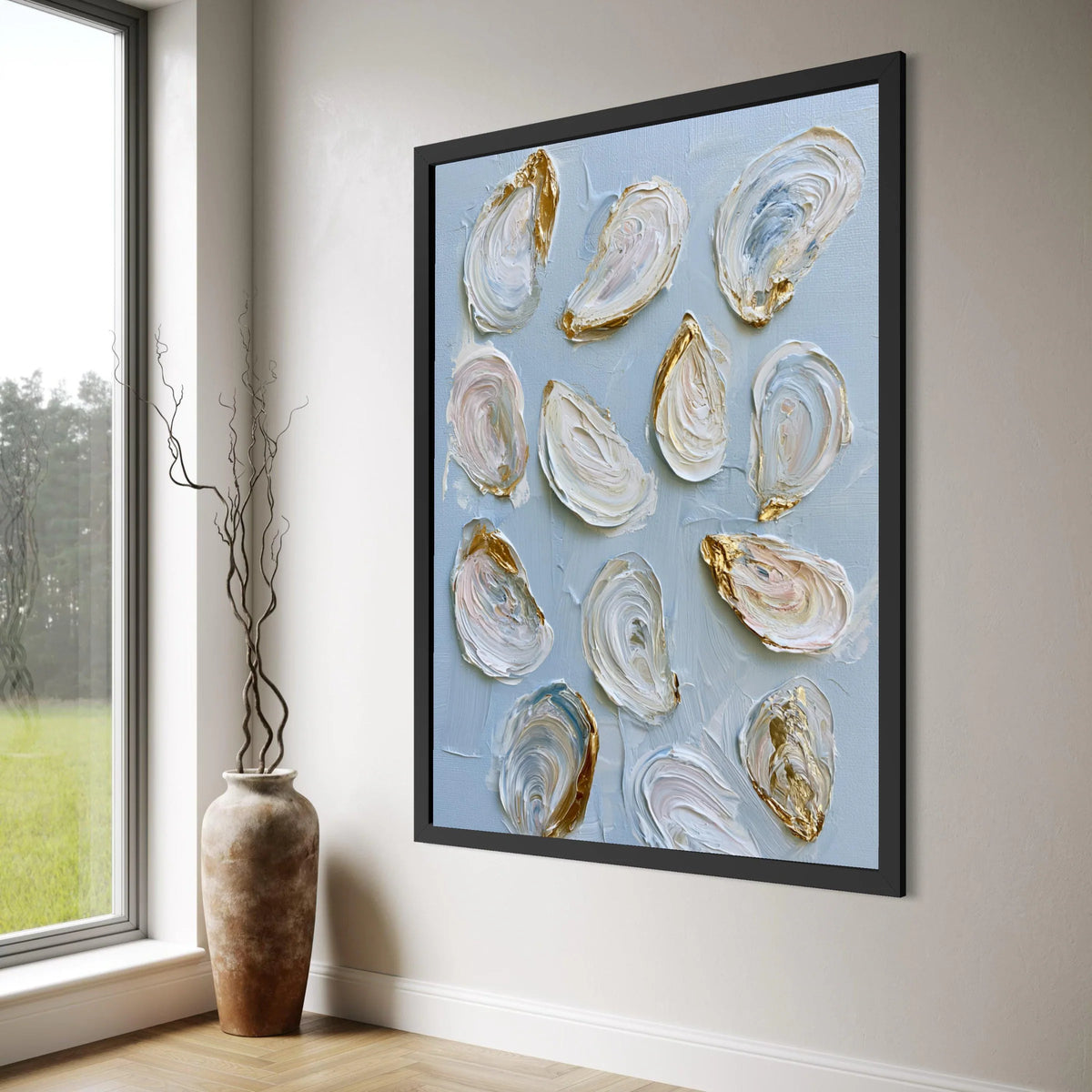 Coastal Oyster Shell Canvas Wall Art, Elegant Sea Life Decor, Nautical Home Decoration, Beach Canvas Painting, Ready to Hang Print Art