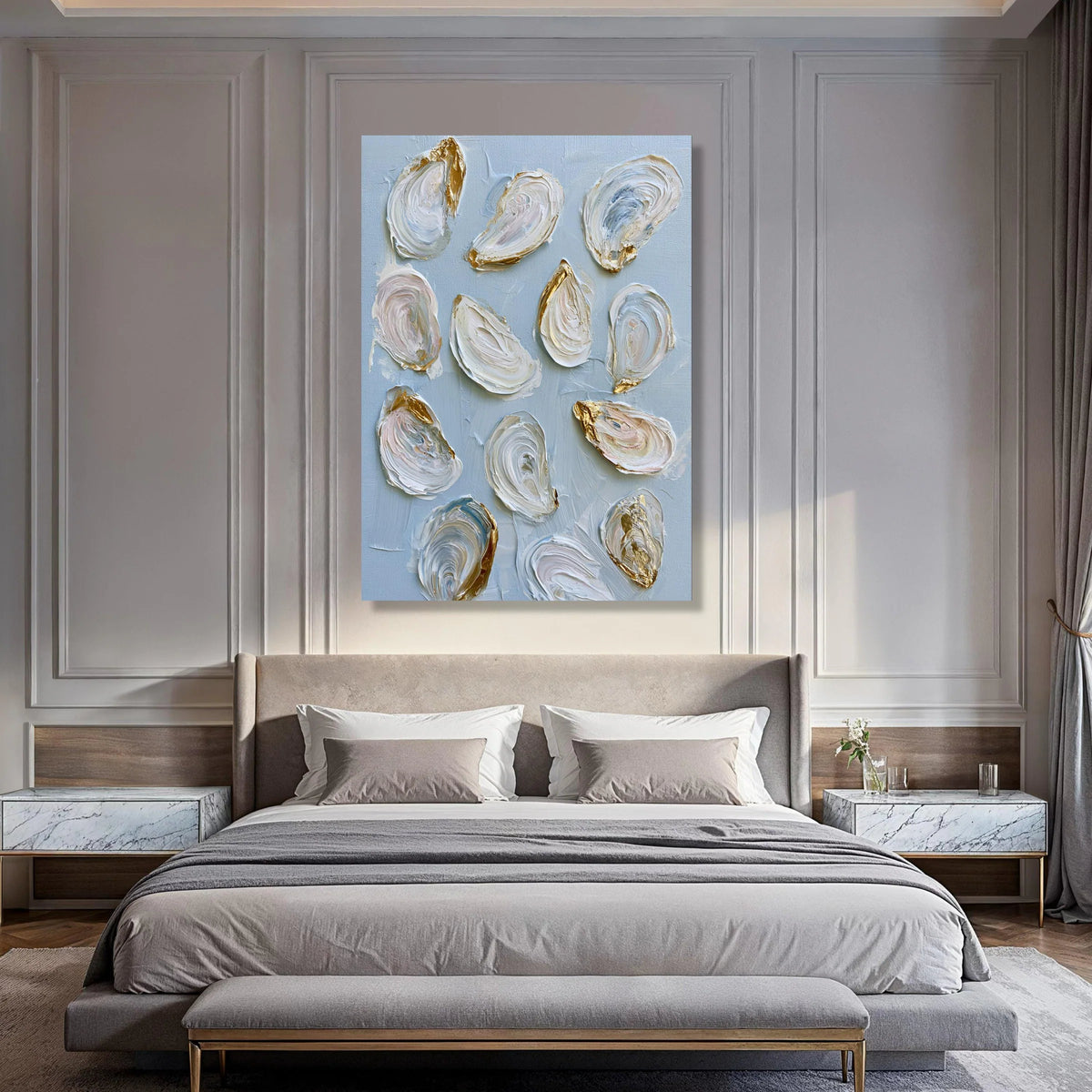 Coastal Oyster Shell Canvas Wall Art, Elegant Sea Life Decor, Nautical Home Decoration, Beach Canvas Painting, Ready to Hang Print Art