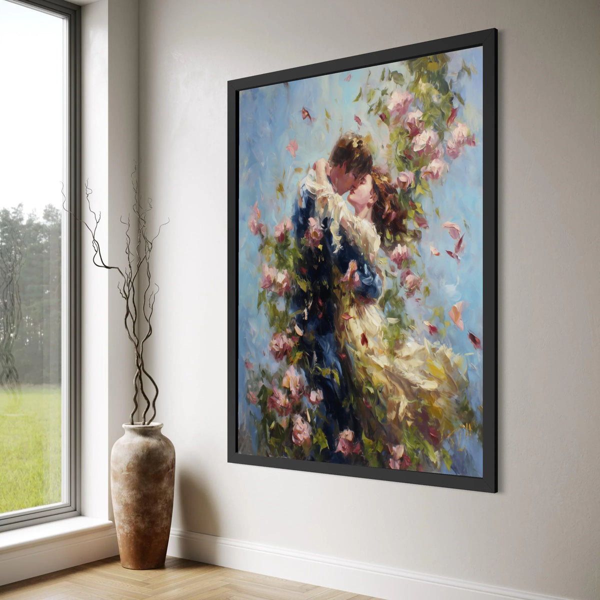 Romantic Embrace with Roses Canvas, Couple Love Wall Art, Floral Garden Scene Canvas, Romantic Home Decor, Vintage Style Canvas Print Art