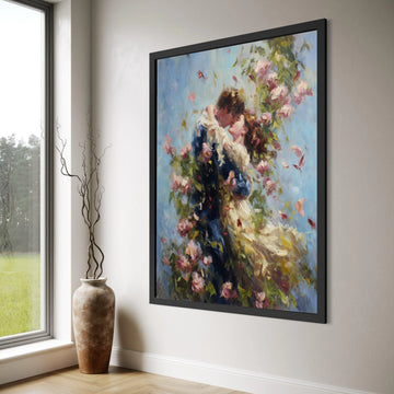 Romantic Embrace with Roses Canvas, Couple Love Wall Art, Floral Garden Scene Canvas, Romantic Home Decor, Vintage Style Canvas Print Art