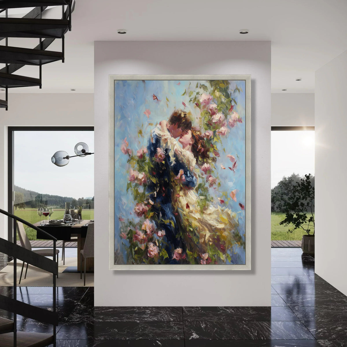 Romantic Embrace with Roses Canvas, Couple Love Wall Art, Floral Garden Scene Canvas, Romantic Home Decor, Vintage Style Canvas Print Art