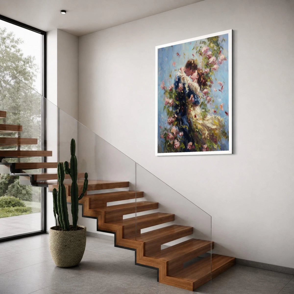 Romantic Embrace with Roses Canvas, Couple Love Wall Art, Floral Garden Scene Canvas, Romantic Home Decor, Vintage Style Canvas Print Art