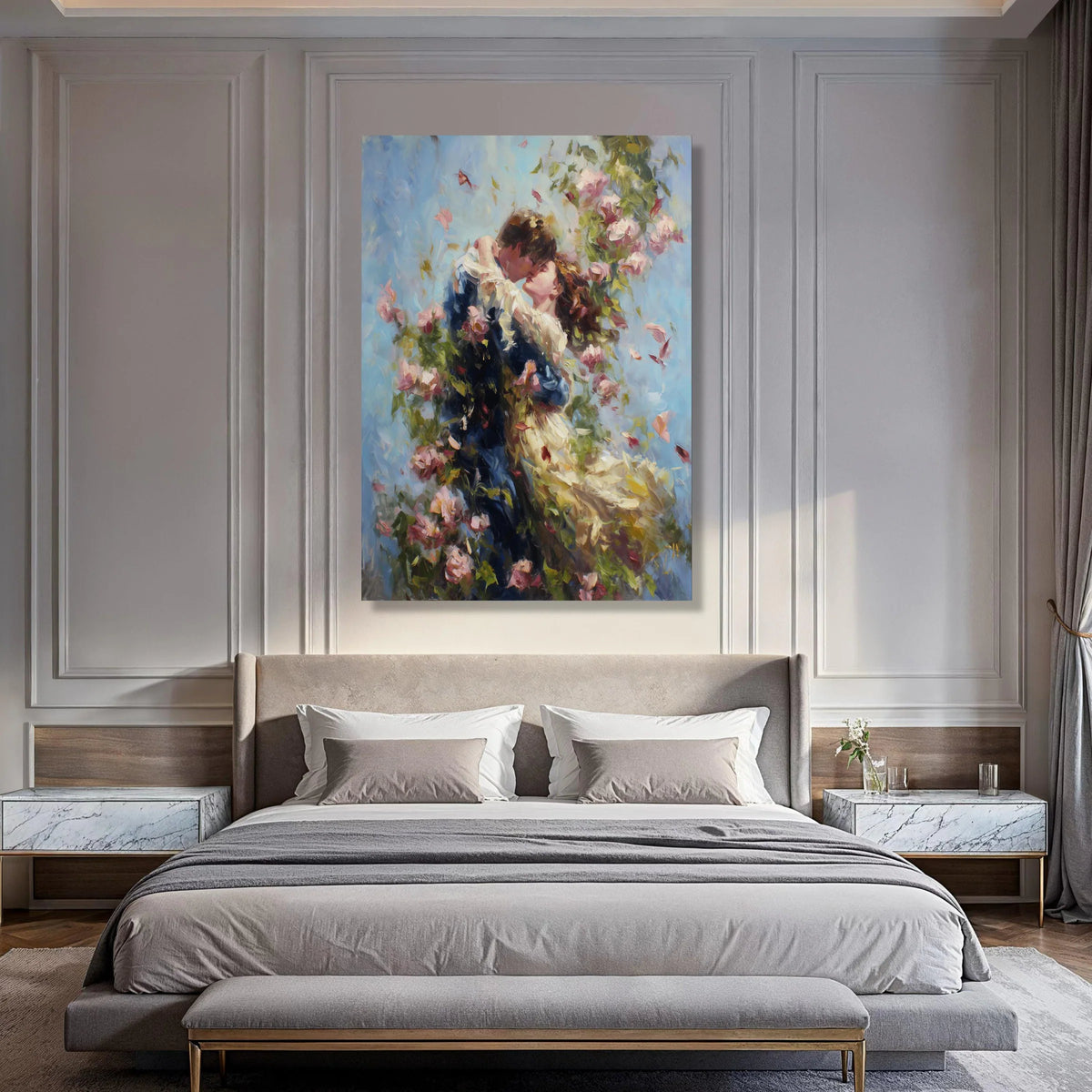 Romantic Embrace with Roses Canvas, Couple Love Wall Art, Floral Garden Scene Canvas, Romantic Home Decor, Vintage Style Canvas Print Art