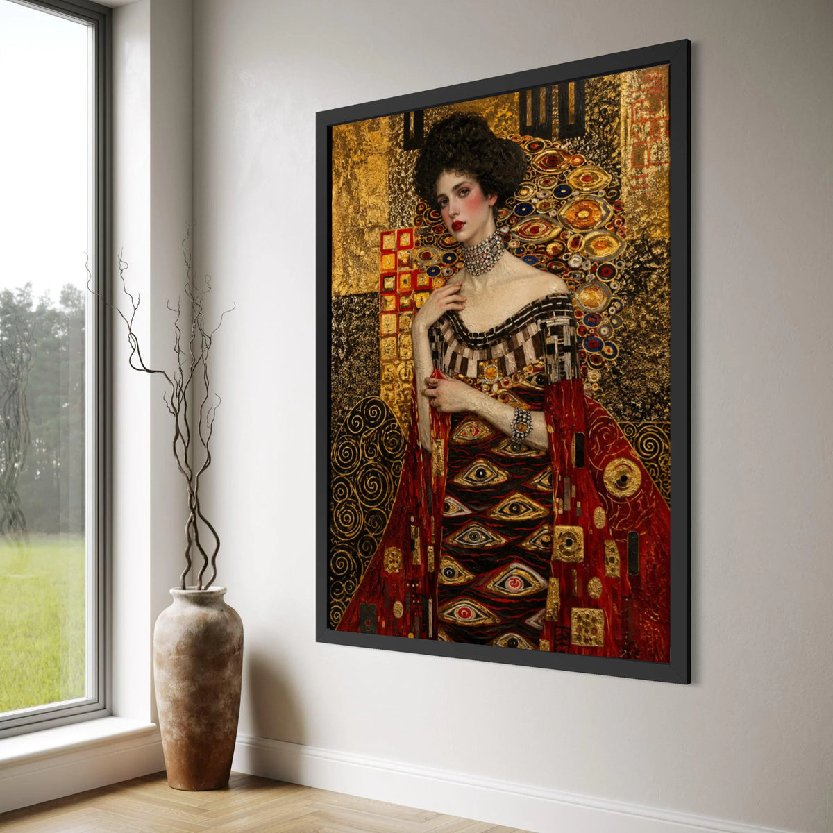 Elegant Woman Red Dress Canvas, Gustav Klimt Portrait, Decorative Gold Pattern Wall Art, Luxurious Fashion Illustration Canvas Print Art
