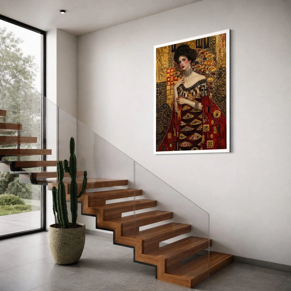 Elegant Woman Red Dress Canvas, Gustav Klimt Portrait, Decorative Gold Pattern Wall Art, Luxurious Fashion Illustration Canvas Print Art