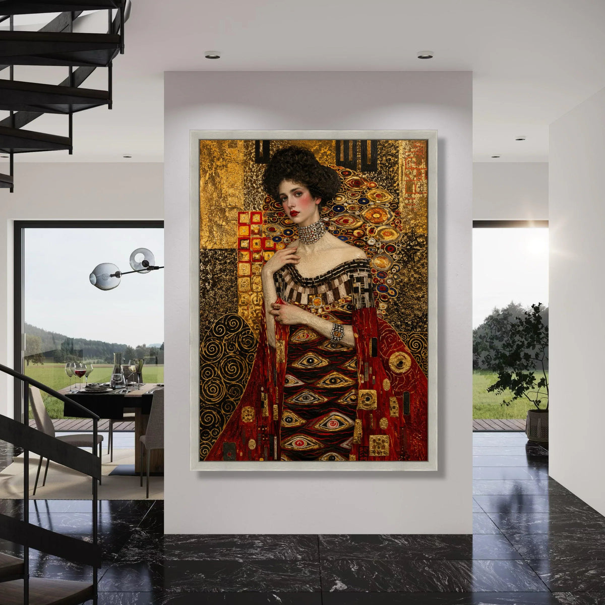 Elegant Woman Red Dress Canvas, Gustav Klimt Portrait, Decorative Gold Pattern Wall Art, Luxurious Fashion Illustration Canvas Print Art