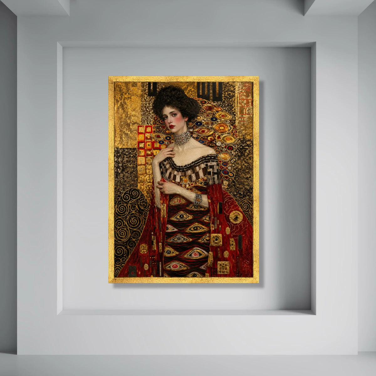 Elegant Woman Red Dress Canvas, Gustav Klimt Portrait, Decorative Gold Pattern Wall Art, Luxurious Fashion Illustration Canvas Print Art