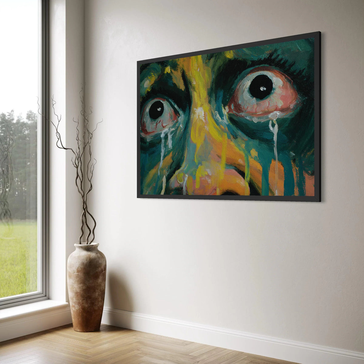 Emotional Expression Canvas Wall Art, Abstract Crying Eyes Painting, Colorful Modern Face Art, Dramatic Portrait Canvas, Home Print Art