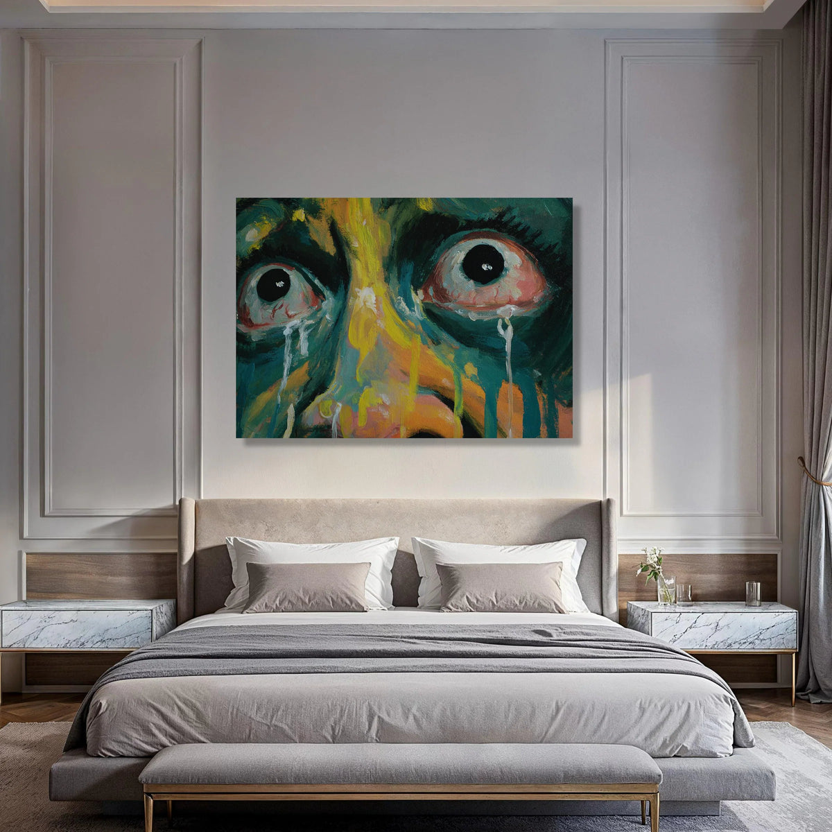 Emotional Expression Canvas Wall Art, Abstract Crying Eyes Painting, Colorful Modern Face Art, Dramatic Portrait Canvas, Home Print Art
