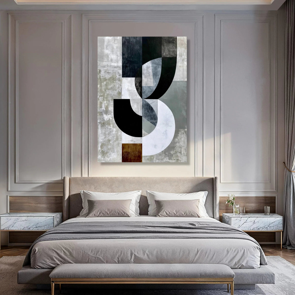 Modern Geometric Shapes Canvas Wall Art, Abstract Black White Grey Blocks, Contemporary Home Decor, Minimalist Canvas Design Print Art