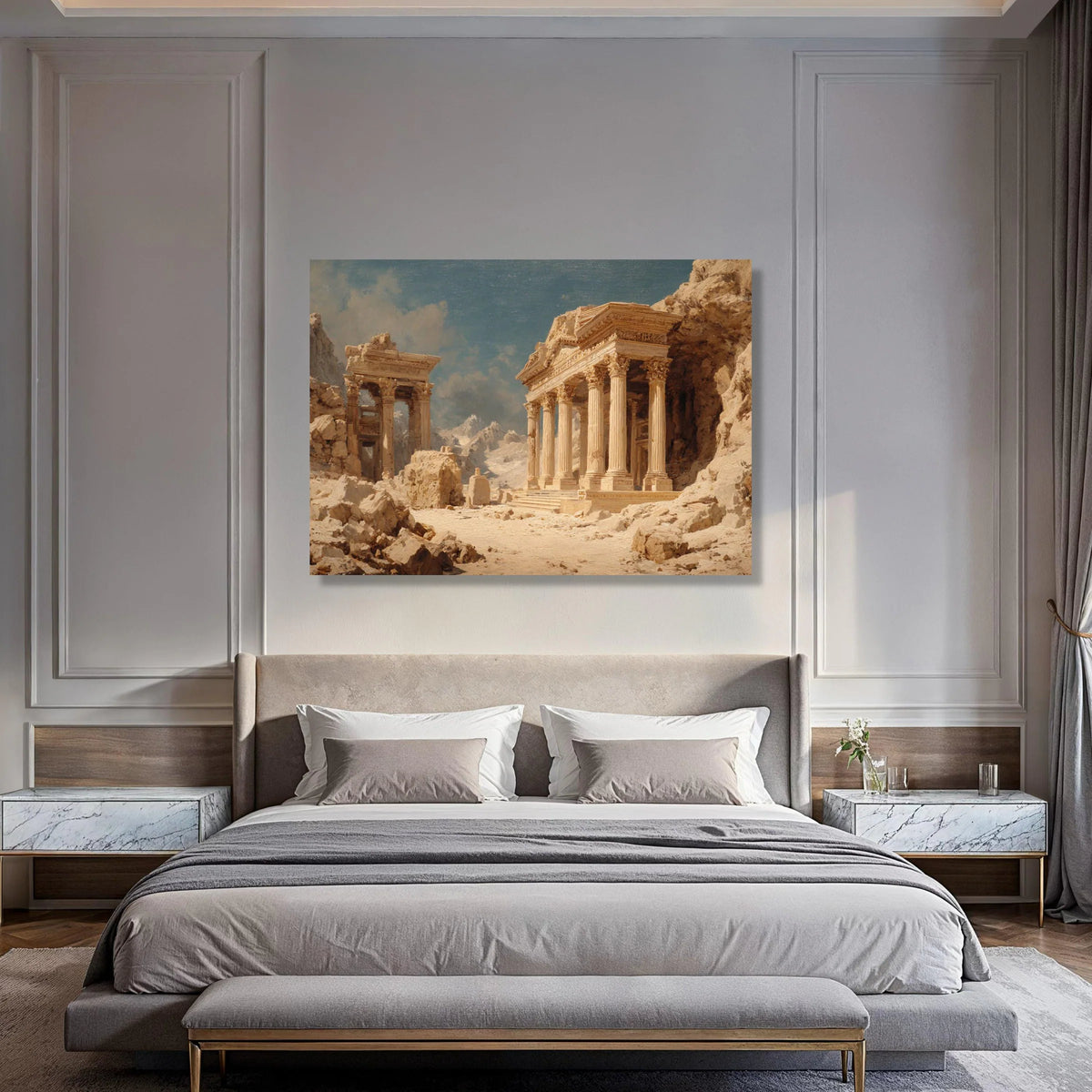 Ancient Ruins Landscape Canvas, Classical Temple Columns Wall Art, Historical Architecture Decor, Mountain Desert Scene Canvas Print Art