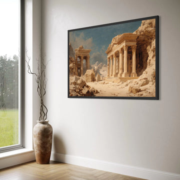 Ancient Ruins Landscape Canvas, Classical Temple Columns Wall Art, Historical Architecture Decor, Mountain Desert Scene Canvas Print Art