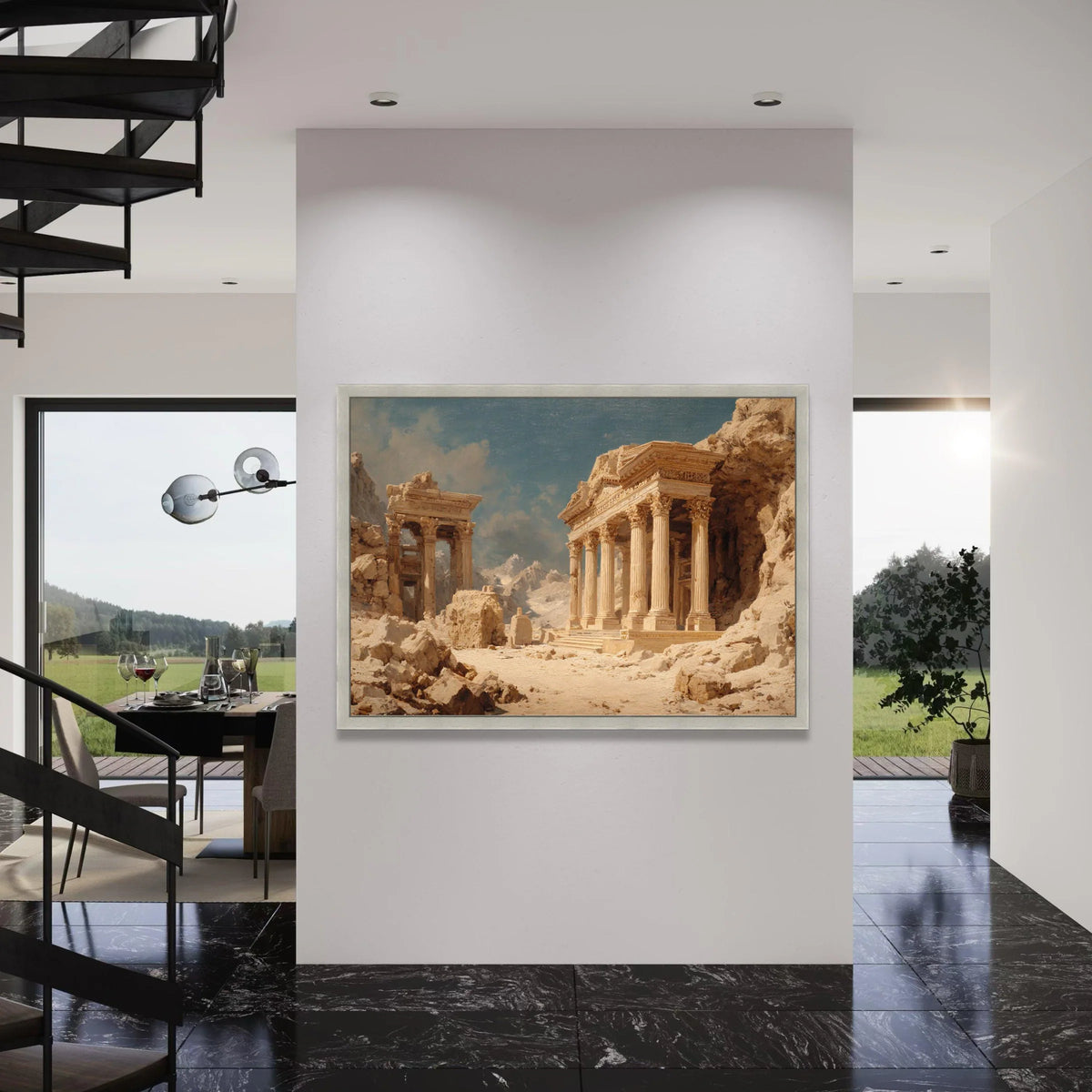 Ancient Ruins Landscape Canvas, Classical Temple Columns Wall Art, Historical Architecture Decor, Mountain Desert Scene Canvas Print Art