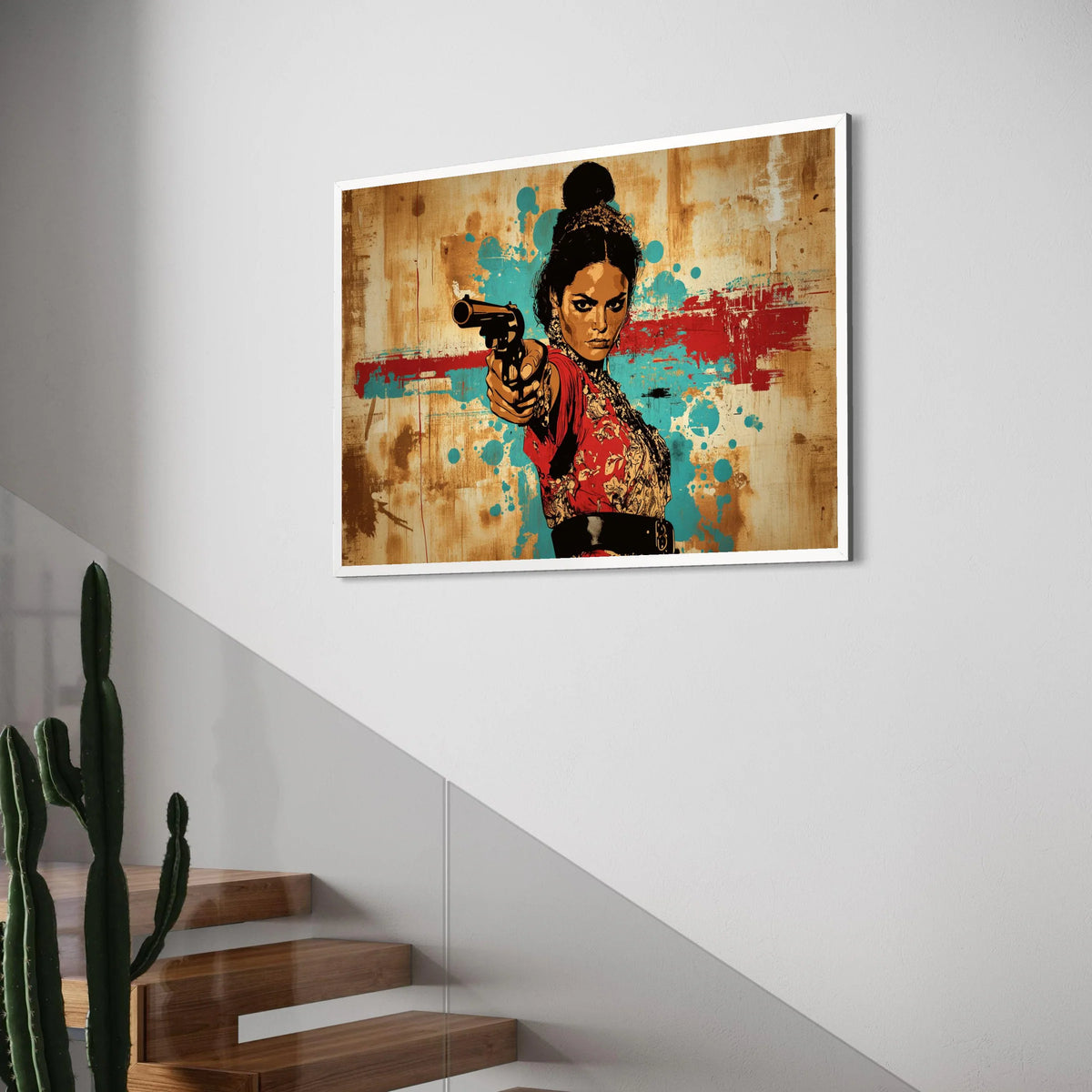 Bold Woman with Revolver Canvas, Vintage Western Art, Dramatic Female Portrait, Statement Wall Decor, Urban Graphic Design Print Art