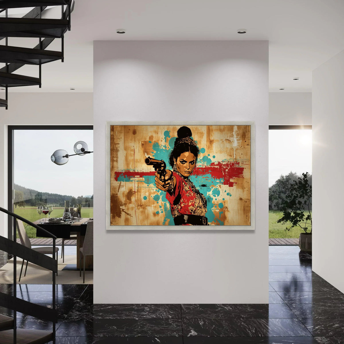Bold Woman with Revolver Canvas, Vintage Western Art, Dramatic Female Portrait, Statement Wall Decor, Urban Graphic Design Print Art