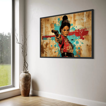 Bold Woman with Revolver Canvas, Vintage Western Art, Dramatic Female Portrait, Statement Wall Decor, Urban Graphic Design Print Art
