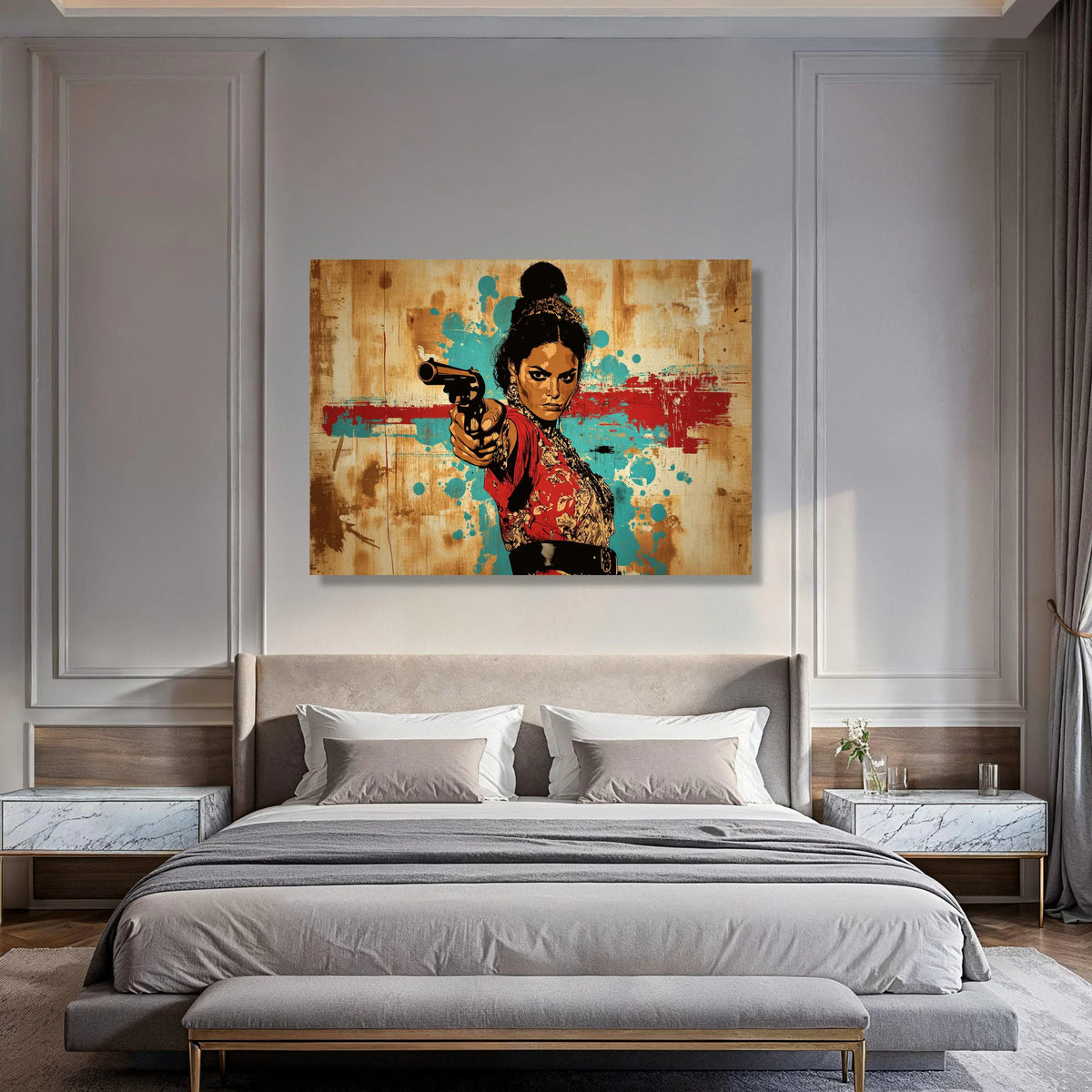Bold Woman with Revolver Canvas, Vintage Western Art, Dramatic Female Portrait, Statement Wall Decor, Urban Graphic Design Print Art