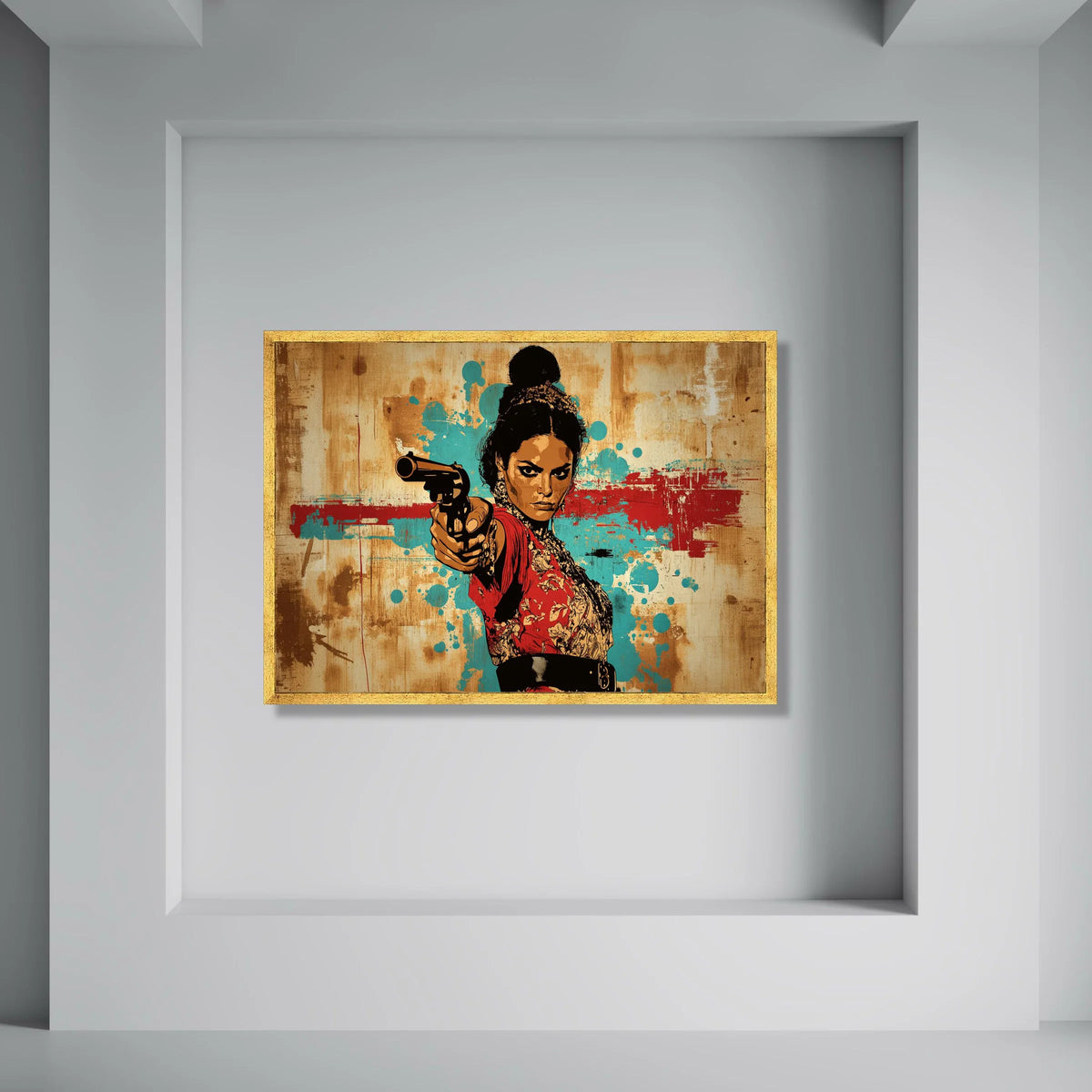 Bold Woman with Revolver Canvas, Vintage Western Art, Dramatic Female Portrait, Statement Wall Decor, Urban Graphic Design Print Art