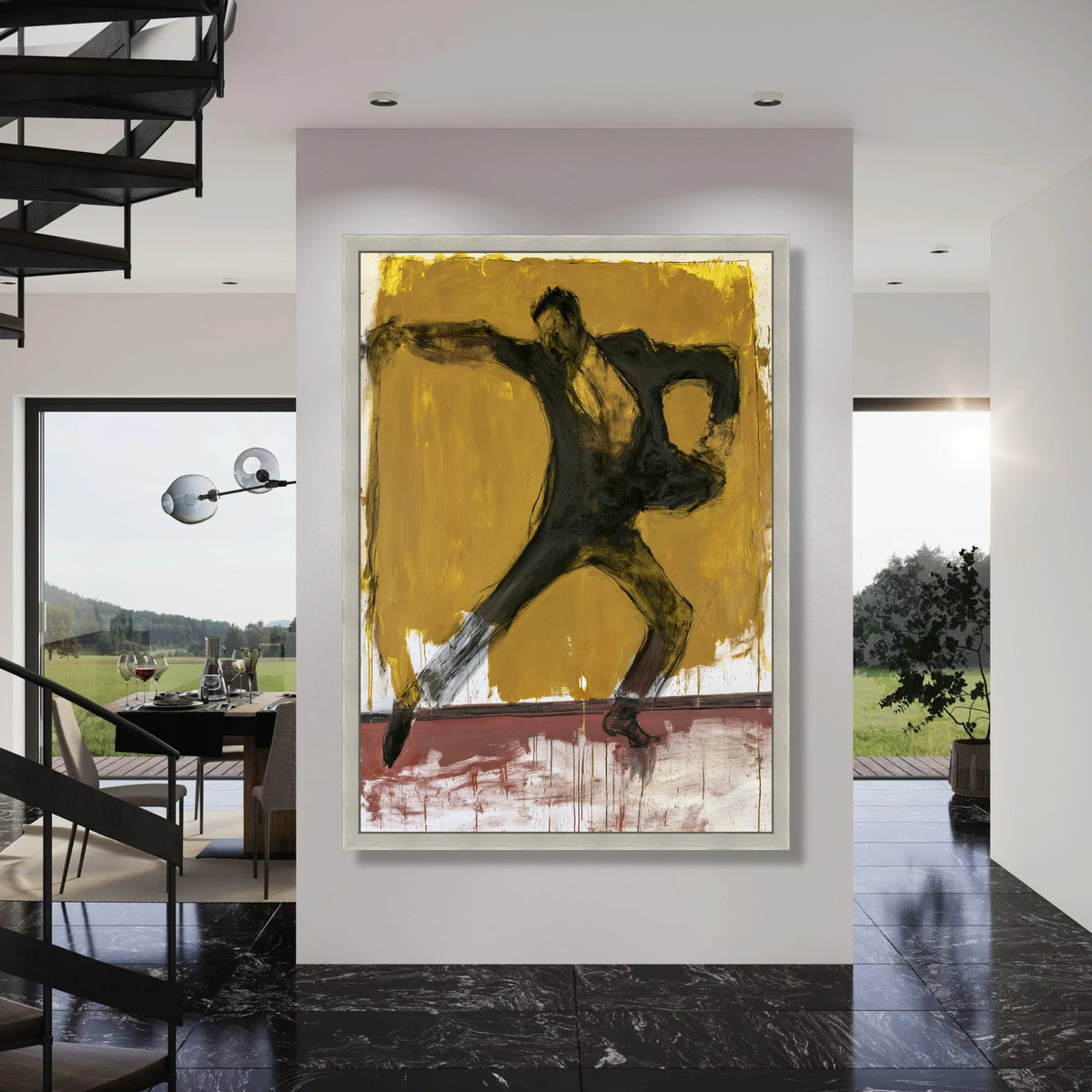 Dynamic Flamenco Dancer Canvas, Expressive Dance Movement Wall Art, Bold Yellow Background, Contemporary Figure Painting, Ready to Print Art