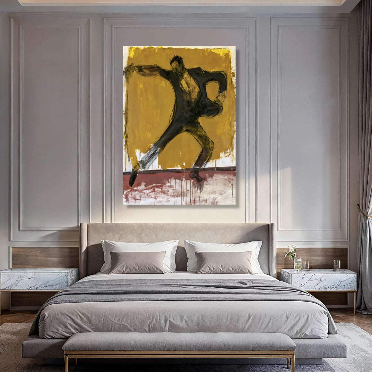 Dynamic Flamenco Dancer Canvas, Expressive Dance Movement Wall Art, Bold Yellow Background, Contemporary Figure Painting, Ready to Print Art