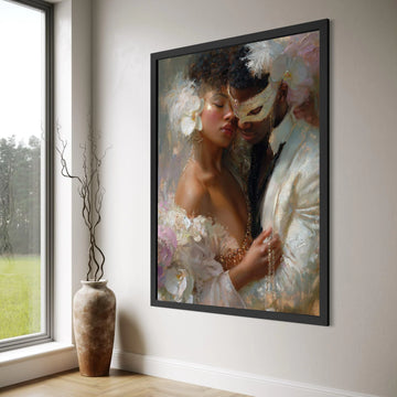 Romantic Masquerade Couple Canvas, Elegant Party Portrait Wall Art, Intimate Love Scene, Decorative Home Canvas, Ready to Hang Print Art