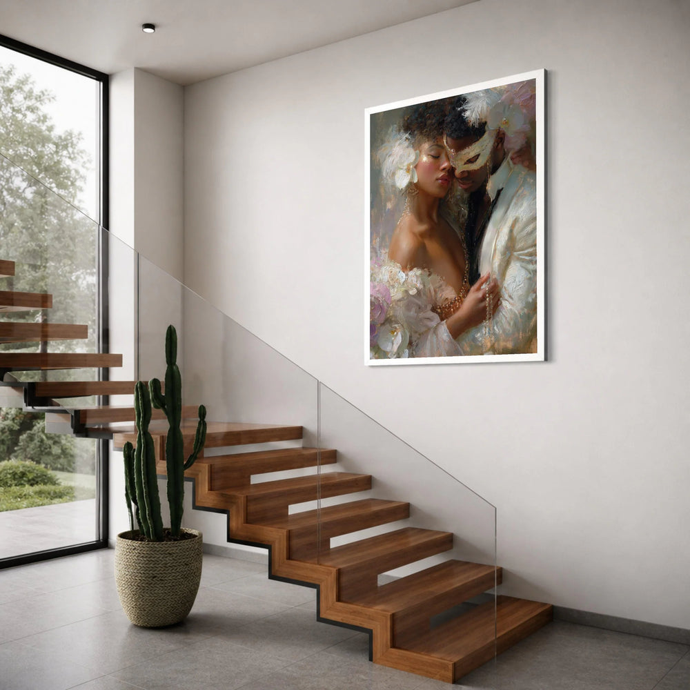 Romantic Masquerade Couple Canvas, Elegant Party Portrait Wall Art, Intimate Love Scene, Decorative Home Canvas, Ready to Hang Print Art