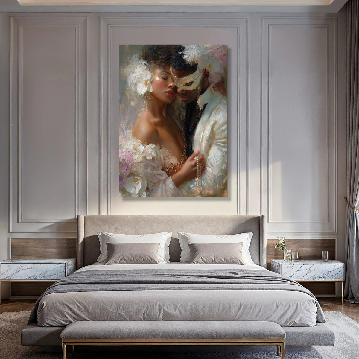 Romantic Masquerade Couple Canvas, Elegant Party Portrait Wall Art, Intimate Love Scene, Decorative Home Canvas, Ready to Hang Print Art