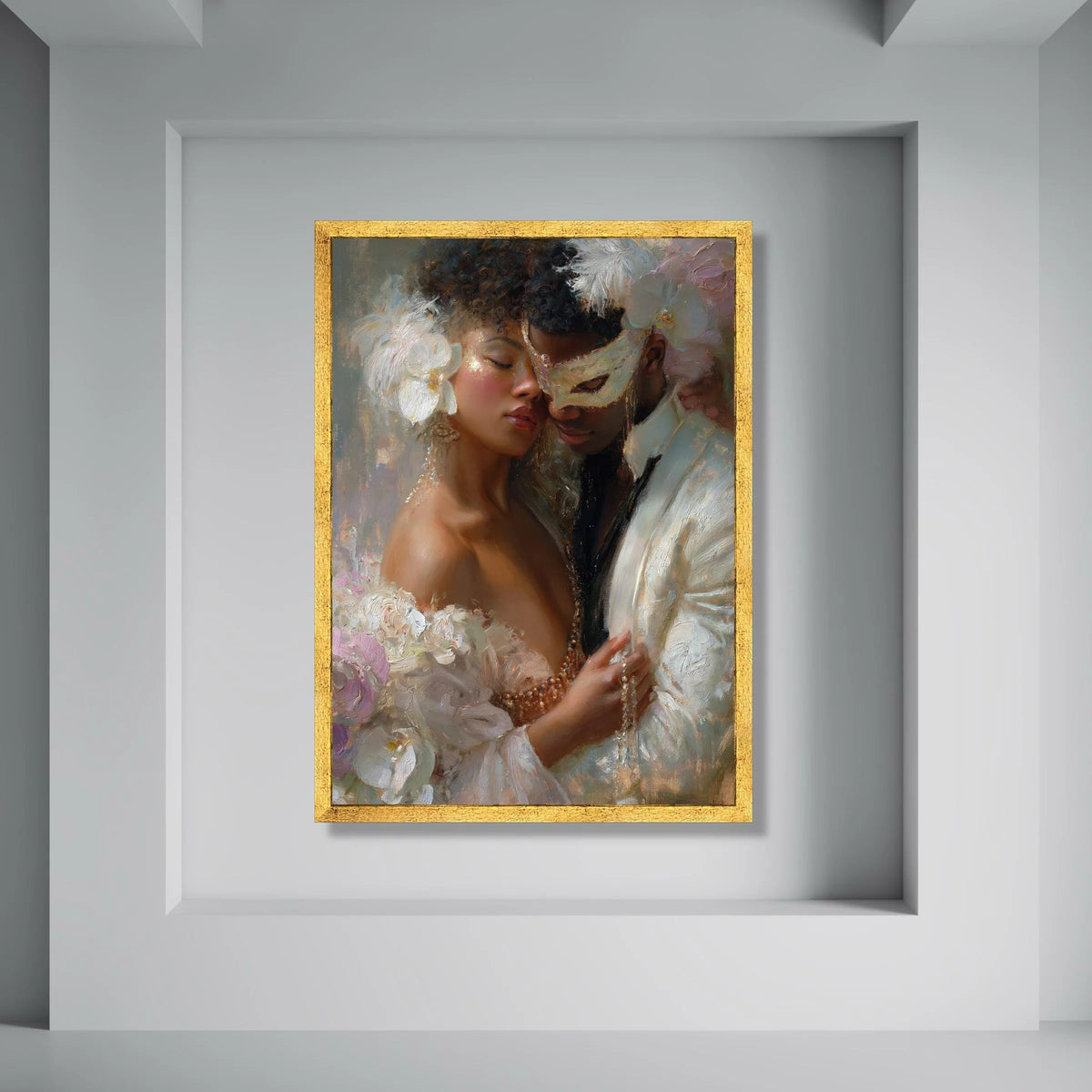 Romantic Masquerade Couple Canvas, Elegant Party Portrait Wall Art, Intimate Love Scene, Decorative Home Canvas, Ready to Hang Print Art