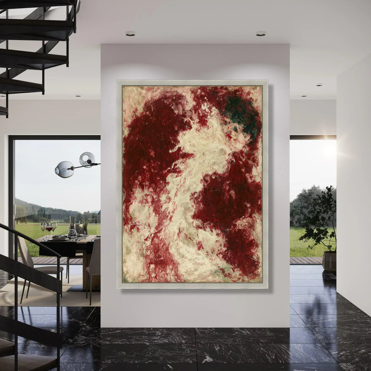 Deep Red and Cream Swirl Abstract Canvas, Dramatic Wall Art, Modern Home Decoration, Bold Color Canvas Art, Contemporary Living Print Art