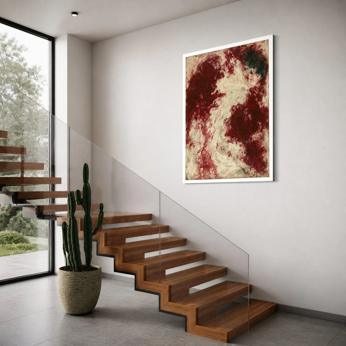 Deep Red and Cream Swirl Abstract Canvas, Dramatic Wall Art, Modern Home Decoration, Bold Color Canvas Art, Contemporary Living Print Art