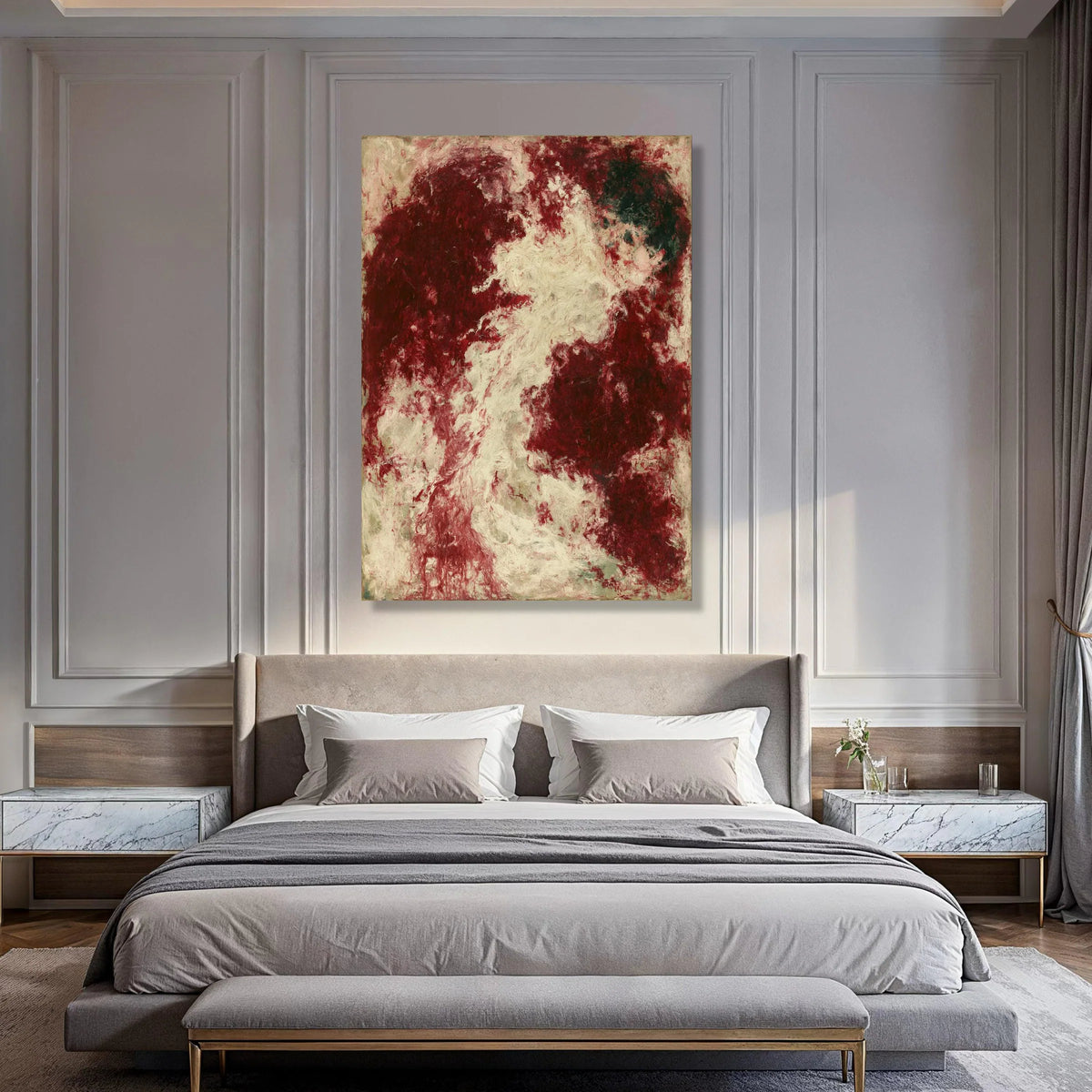 Deep Red and Cream Swirl Abstract Canvas, Dramatic Wall Art, Modern Home Decoration, Bold Color Canvas Art, Contemporary Living Print Art