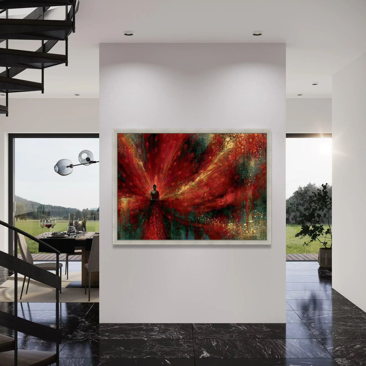 Meditating Buddha with Vibrant Red Peacock Feathers Canvas, Spiritual Wall Art, Zen Home Decor, Abstract Meditation Canvas, Ready Print Art