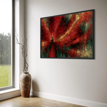 Meditating Buddha with Vibrant Red Peacock Feathers Canvas, Spiritual Wall Art, Zen Home Decor, Abstract Meditation Canvas, Ready Print Art