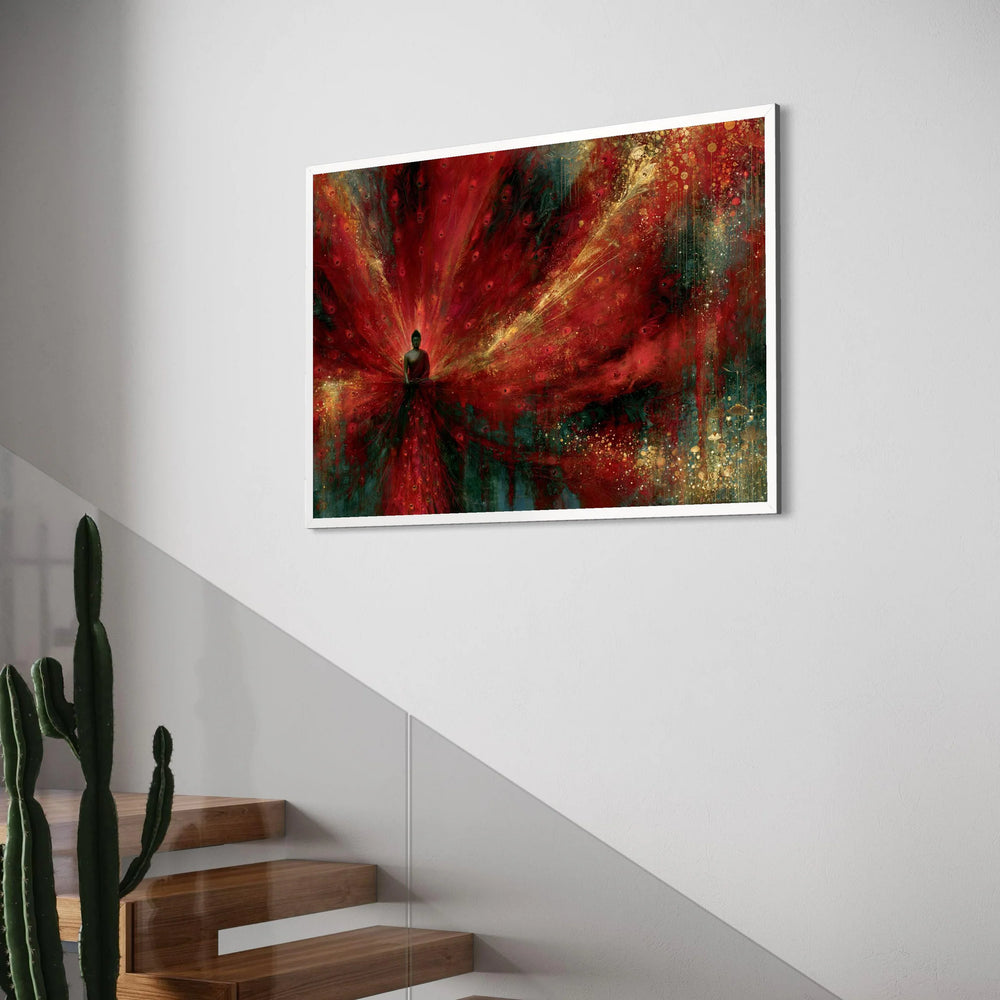 Meditating Buddha with Vibrant Red Peacock Feathers Canvas, Spiritual Wall Art, Zen Home Decor, Abstract Meditation Canvas, Ready Print Art