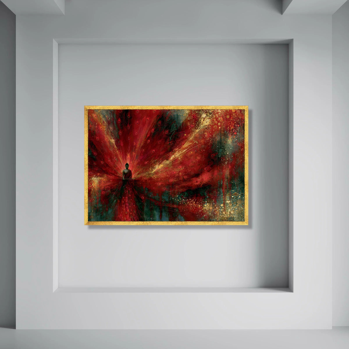 Meditating Buddha with Vibrant Red Peacock Feathers Canvas, Spiritual Wall Art, Zen Home Decor, Abstract Meditation Canvas, Ready Print Art