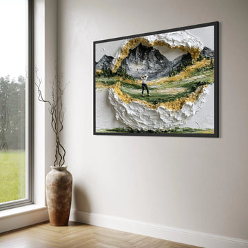 Golfer Swinging on Mountain Course Canvas, Scenic Golf Landscape Wall Art, Outdoor Sports Canvas, Nature Scene Decoration Print Art