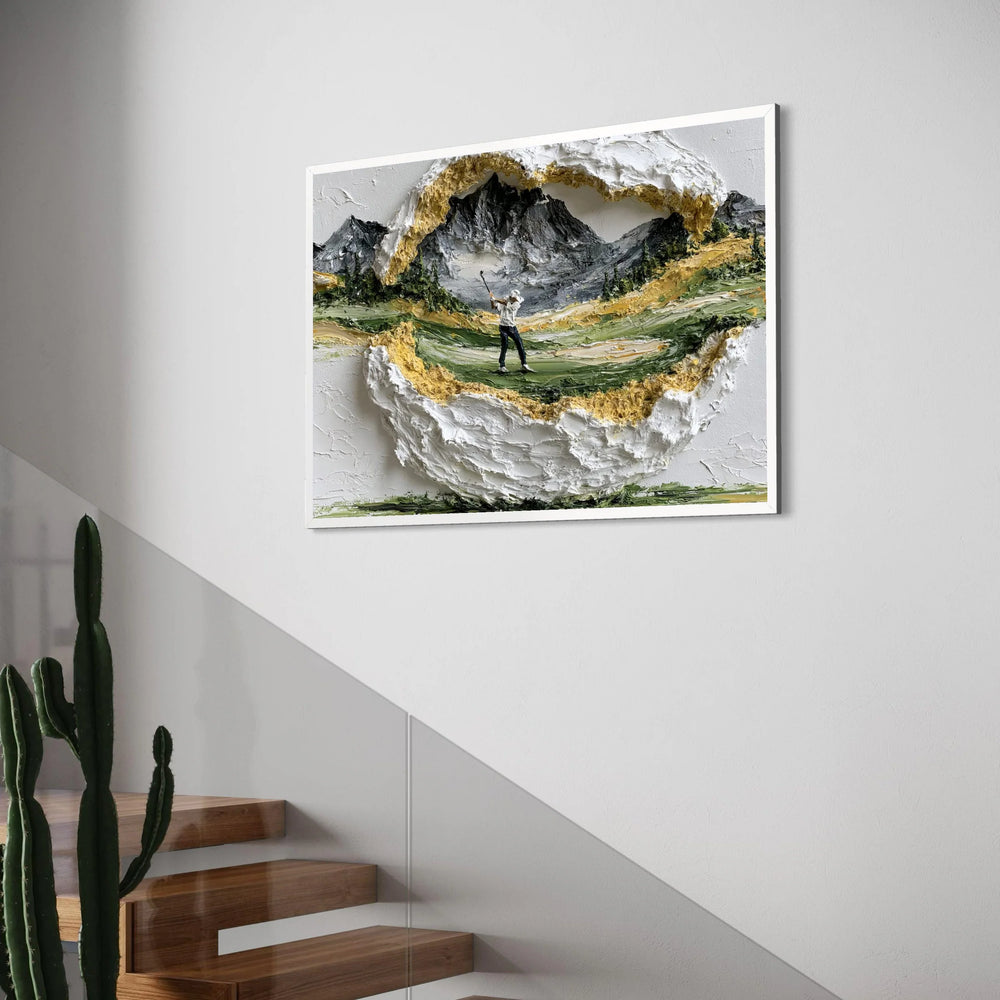 Golfer Swinging on Mountain Course Canvas, Scenic Golf Landscape Wall Art, Outdoor Sports Canvas, Nature Scene Decoration Print Art