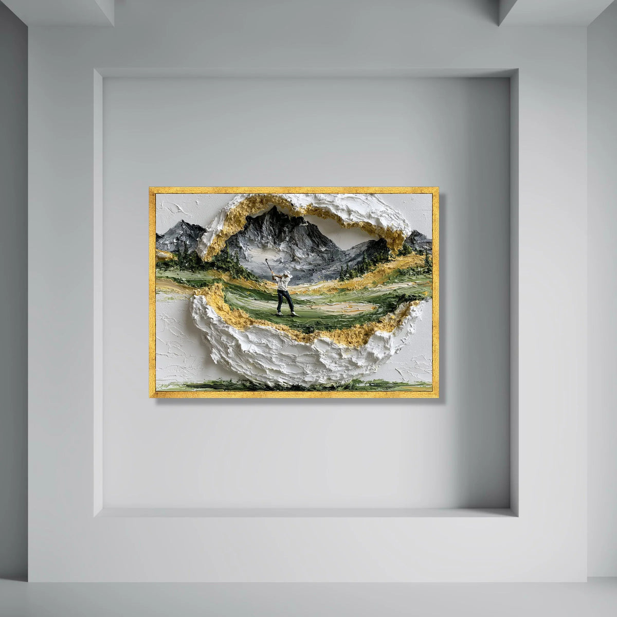 Golfer Swinging on Mountain Course Canvas, Scenic Golf Landscape Wall Art, Outdoor Sports Canvas, Nature Scene Decoration Print Art