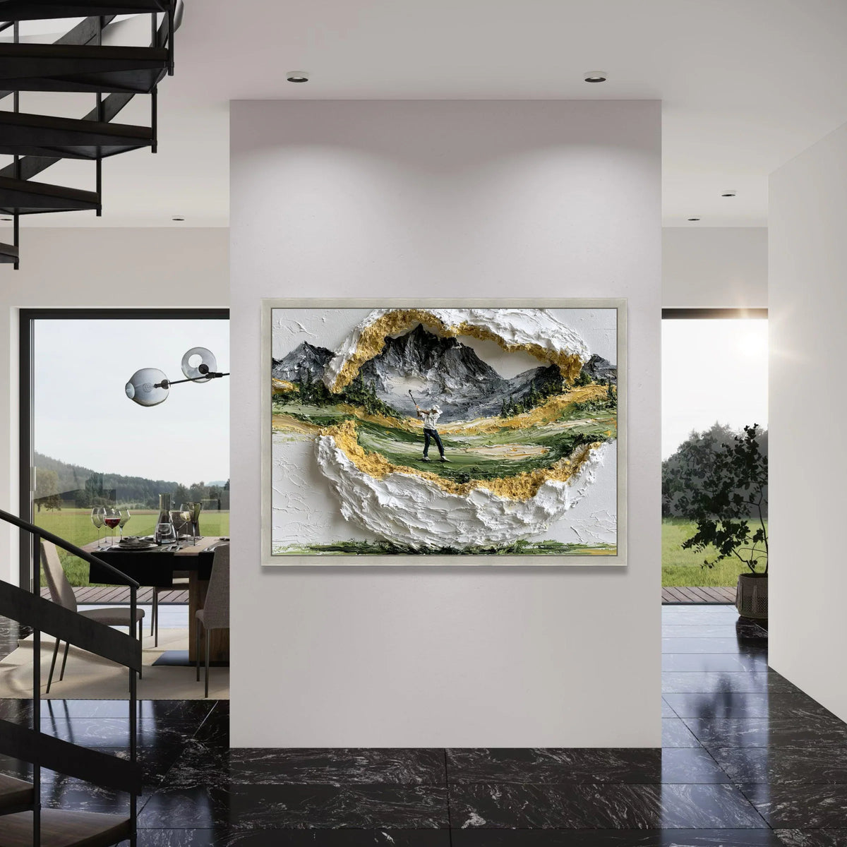 Golfer Swinging on Mountain Course Canvas, Scenic Golf Landscape Wall Art, Outdoor Sports Canvas, Nature Scene Decoration Print Art