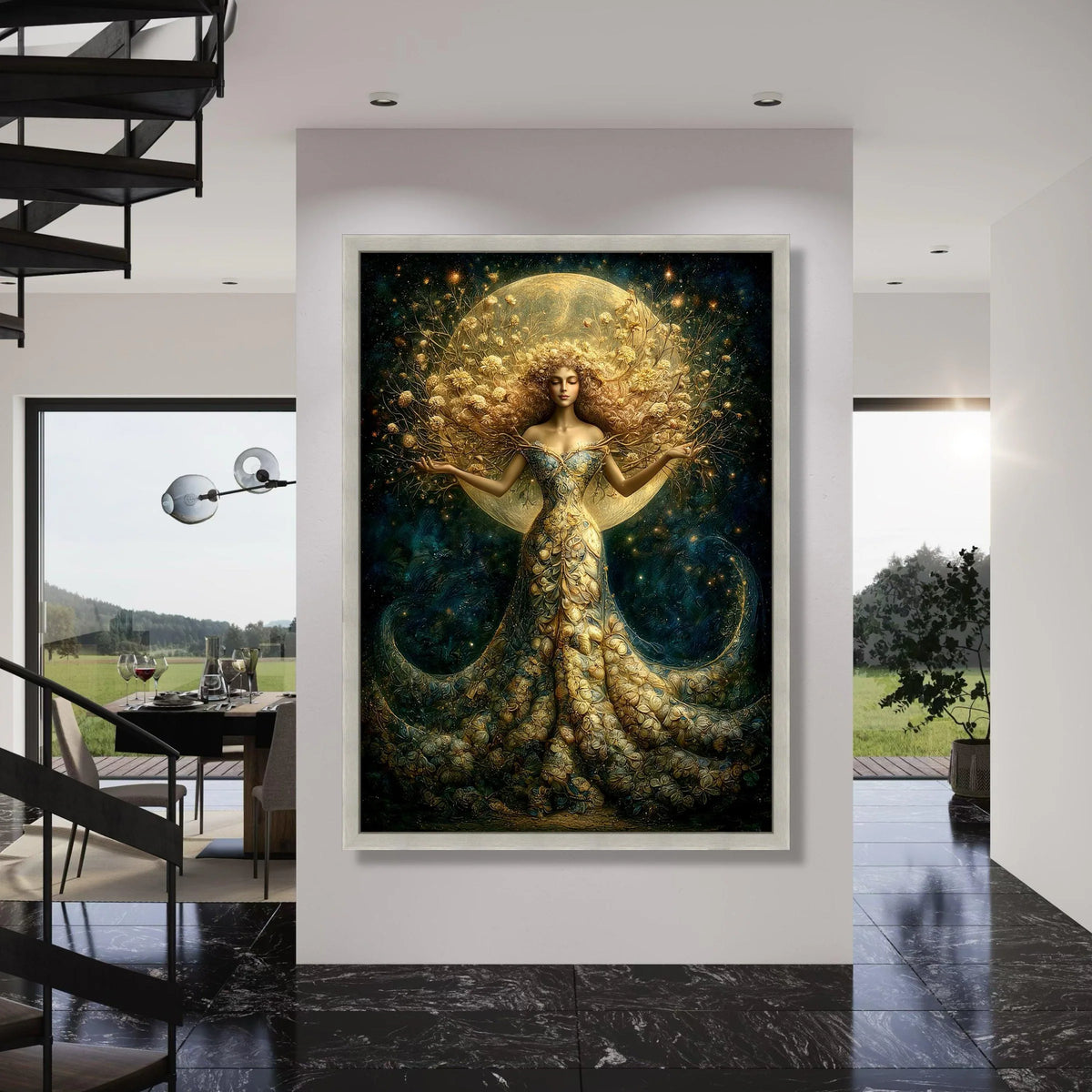 Enchanted Moon Goddess Canvas, Fantasy Floral Woman Art, Magical Night Wall Decor, Ethereal Nature Canvas, Mystical Home Print Art