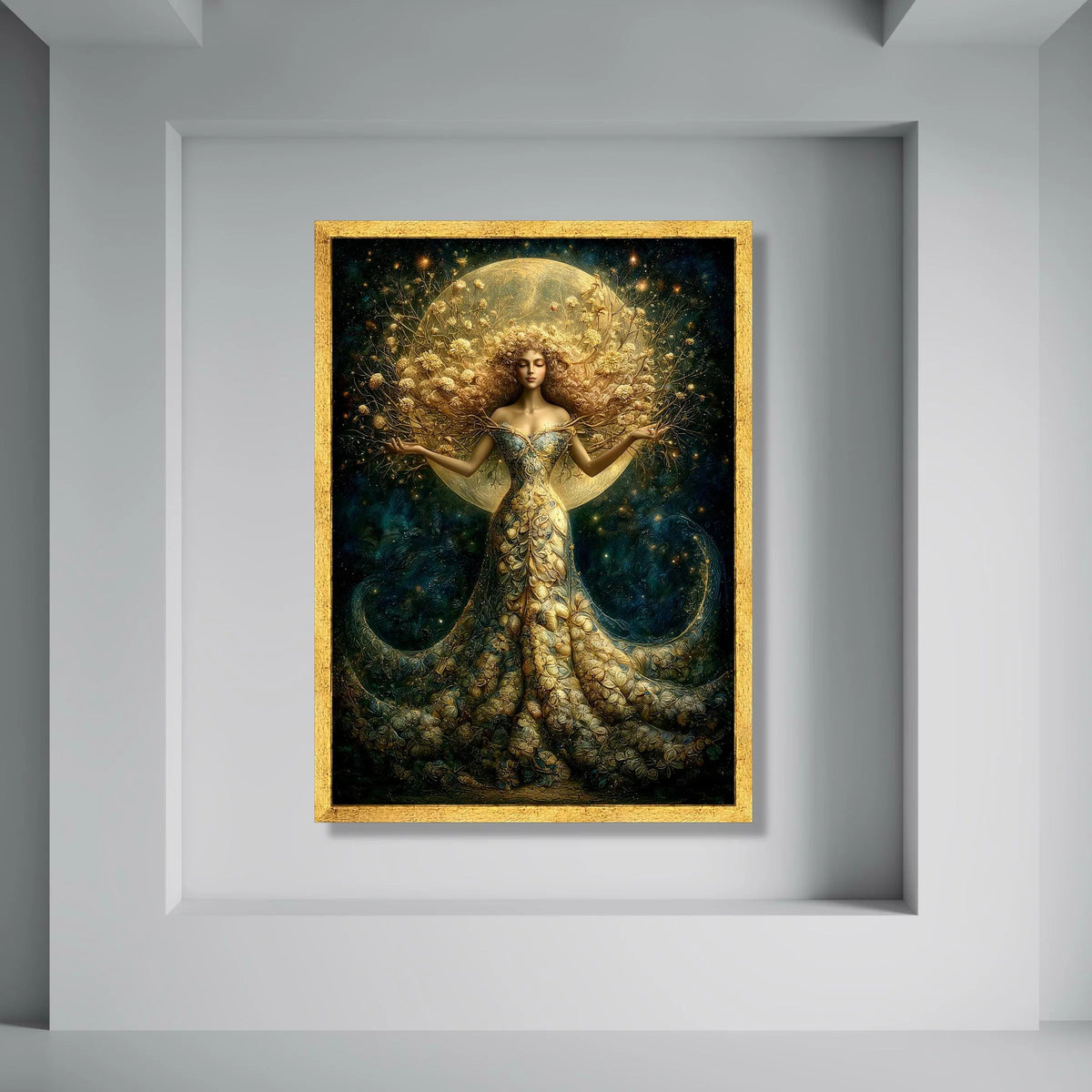 Enchanted Moon Goddess Canvas, Fantasy Floral Woman Art, Magical Night Wall Decor, Ethereal Nature Canvas, Mystical Home Print Art